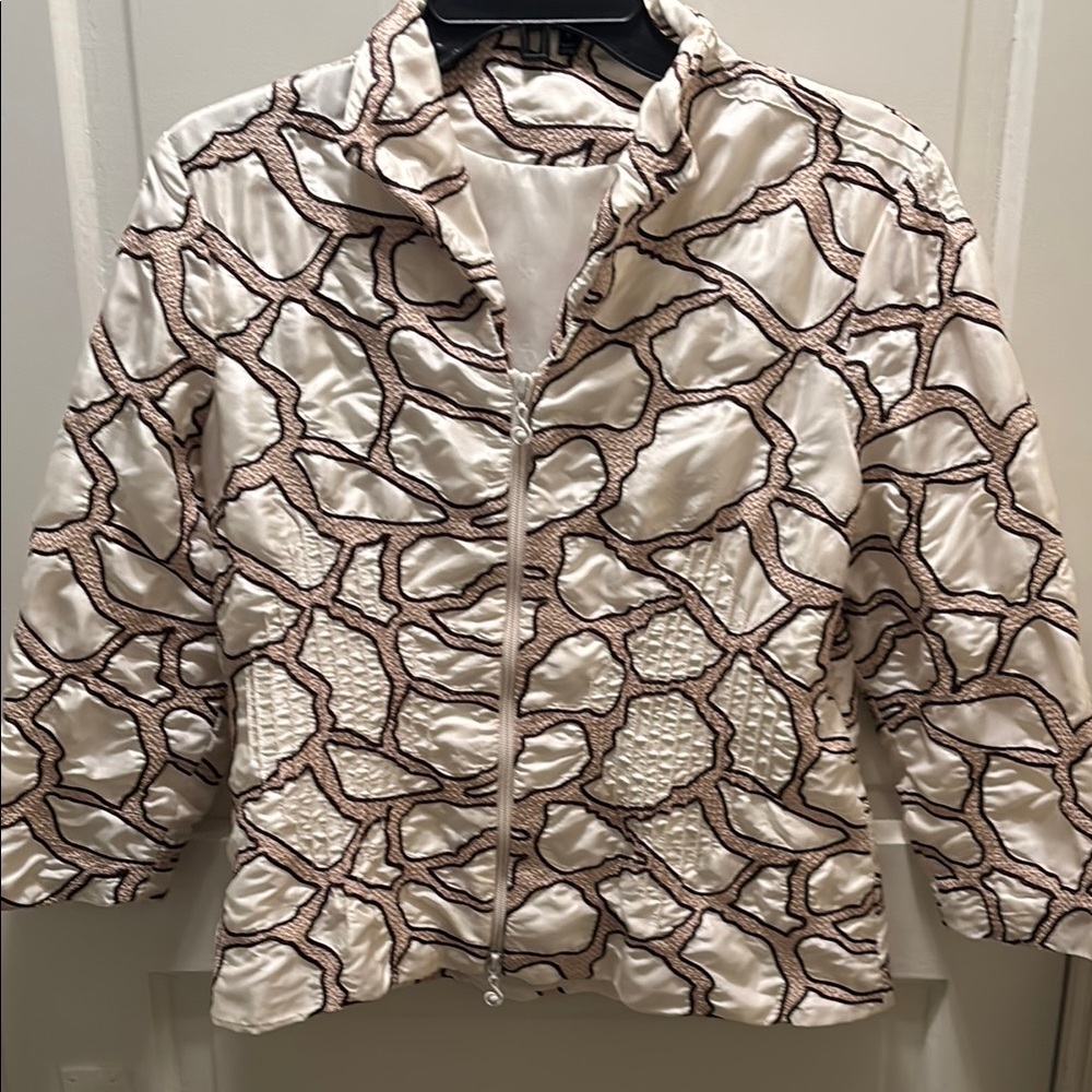Samuel Dong Cream and Black Bomber Jacket with Geometric Pattern